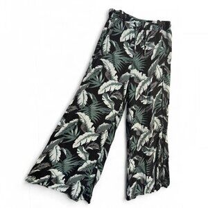 Onia Black and Green Nature Palm Leaf Wide Leg Slit Lounge Pants with Drawstring